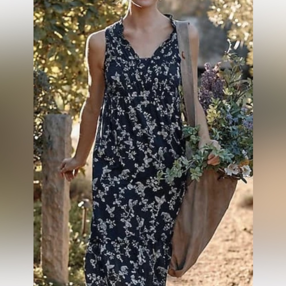 J Jill navy blue ruffled neckline sleeveless maxi dress sun summer v neck cotton